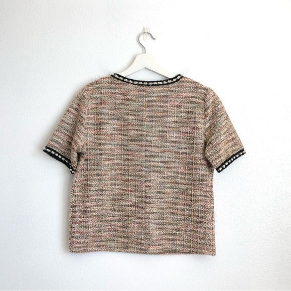 ZARA Boucle Tweed Pearl Trim Top | Tan, White, Pink | Size M/L - Picture 7 of 12
